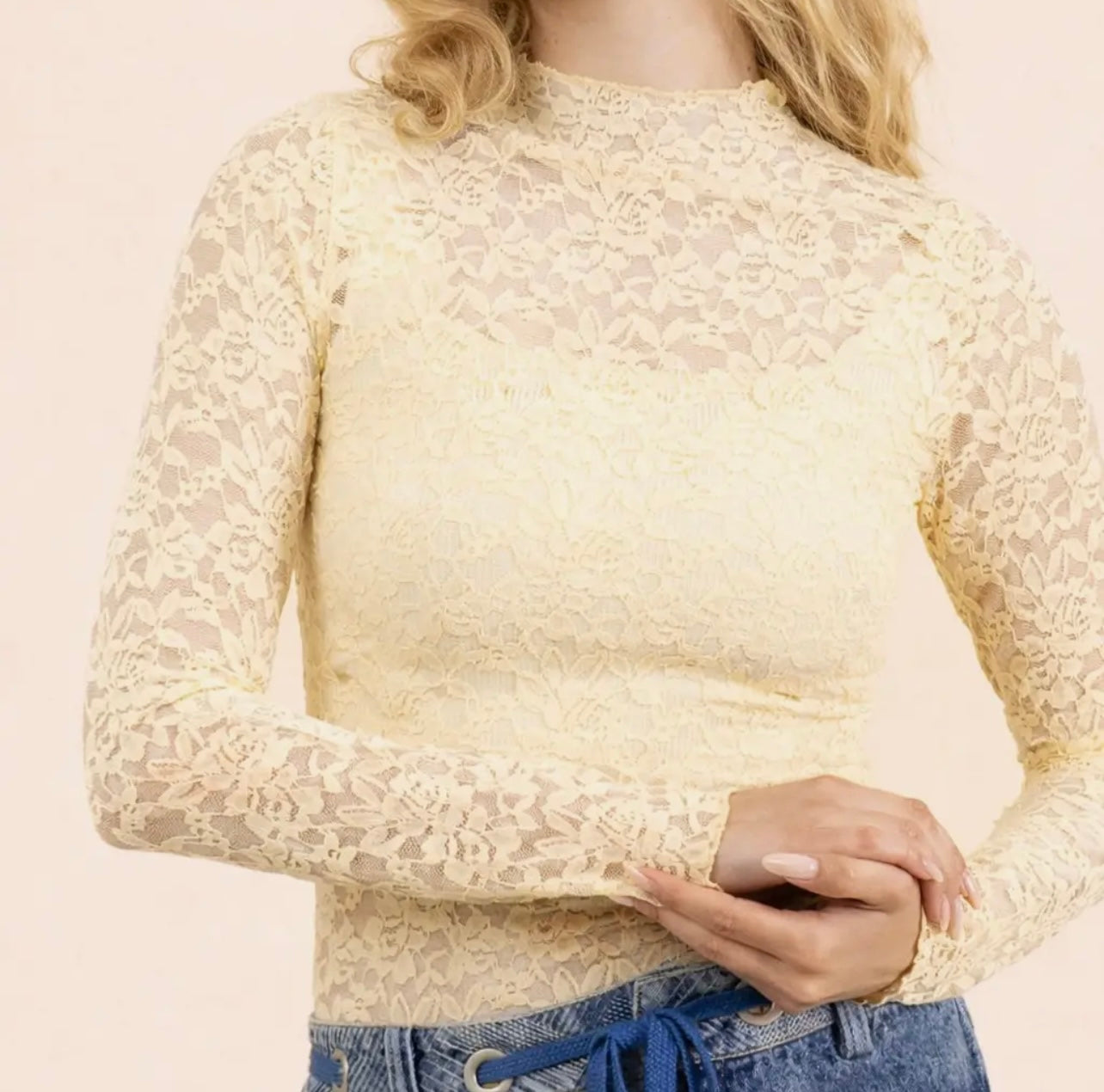 Butter Yellow High Neck Fitted Sheer Mesh Top