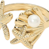Stainless Steel Pearl Accent Starfish Shell Wrap Adjsutable Ring