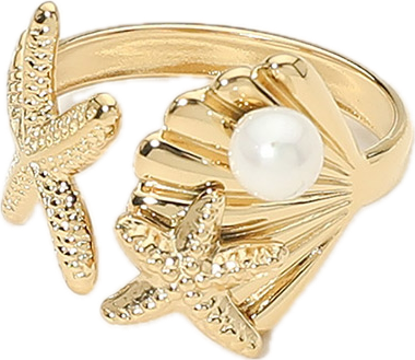 Stainless Steel Pearl Accent Starfish Shell Wrap Adjsutable Ring