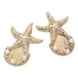 Pearl Accent Textured Starfish Shell Earrings