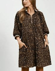 Umgee Corduroy Animal Print Quarter Zip Dress