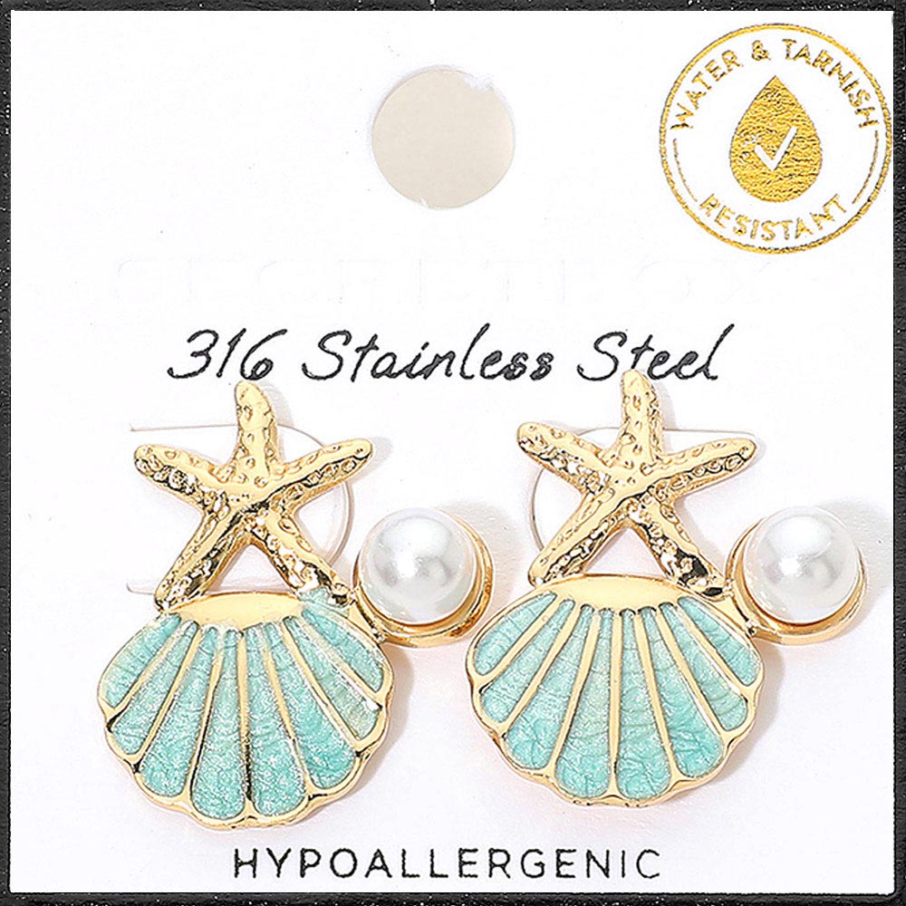 Stainless Steel Pearl Accent Starfish Seashell Stud Aqua Earrings