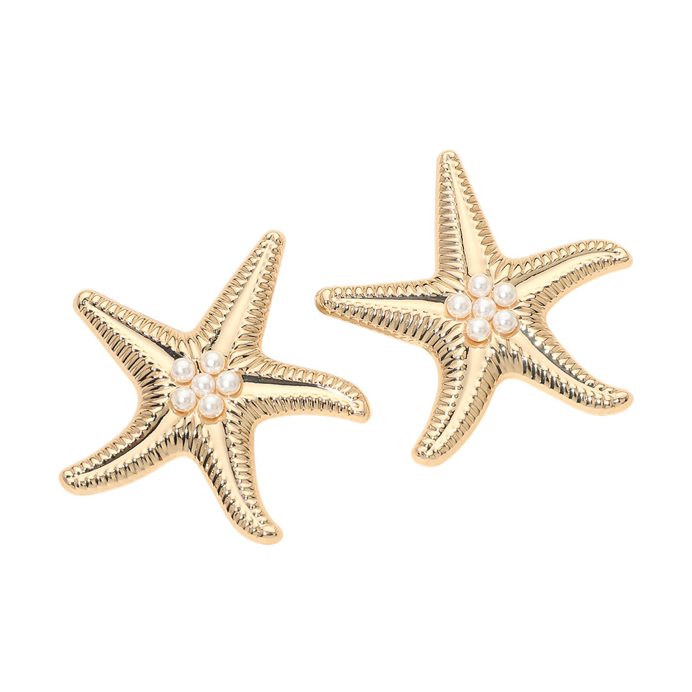 Bold Pearl Center Textured Starfish Statement Earrings