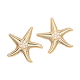 Bold Pearl Center Textured Starfish Statement Earrings