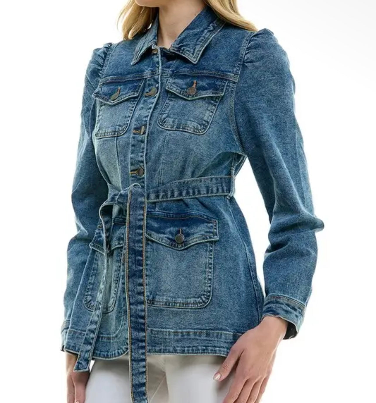 The Debbie Harry Stretch Solid  Denim Jacket with Belt