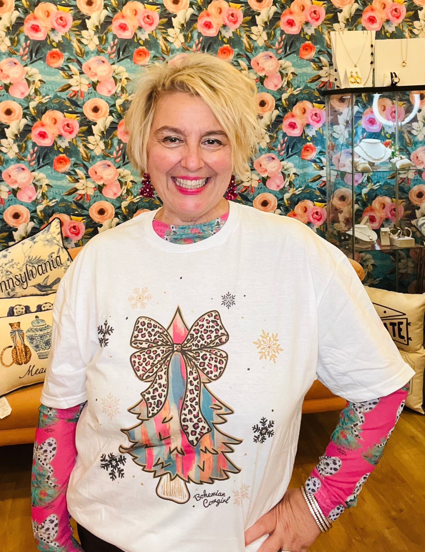 Leopard Bow Christmas Tree Tee