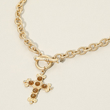 Brown Stone Ornate Cross Charm Pendant Toggle Necklace