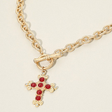 Red Stone Ornate Cross Charm Pendant Toggle Necklace