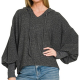 Black Soft Brushed Hacci Cropped Balloon Sleeve Hoodie