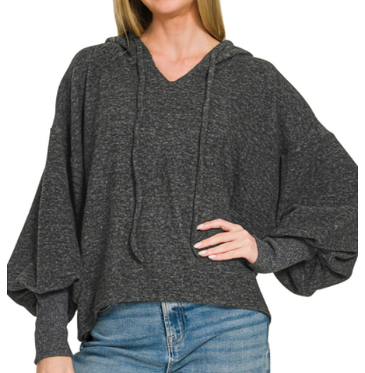 Grey Soft Hacci Cropped Balloon Sleeve Hoodie