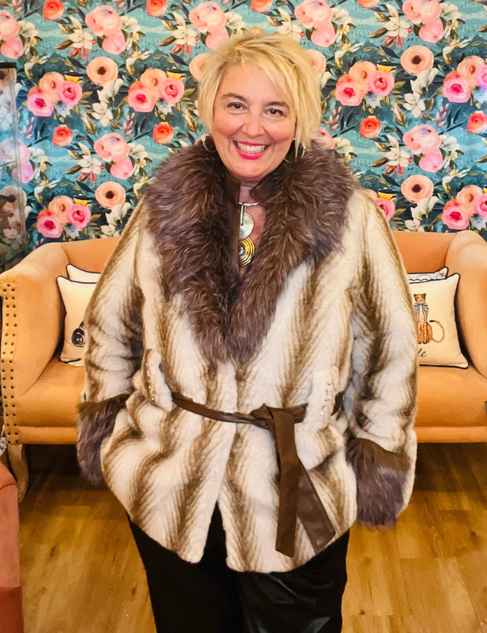 Faux Fur coat with rhinestone details