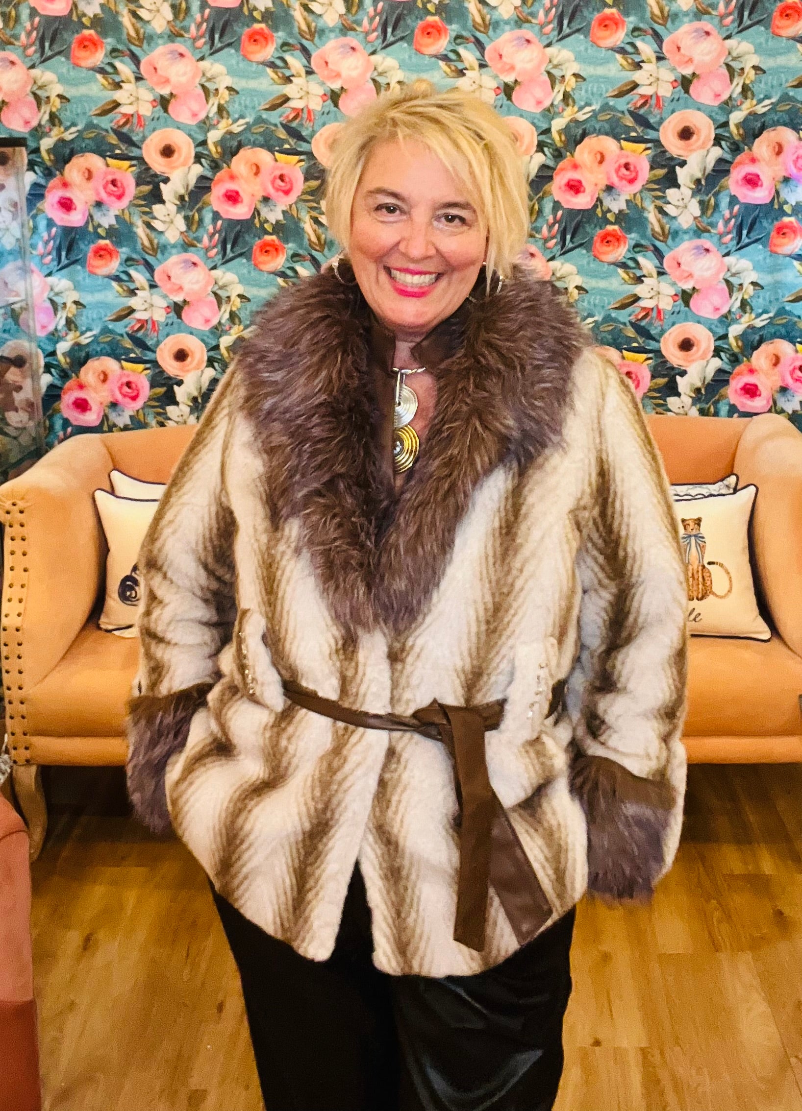 Faux Fur coat with rhinestone details