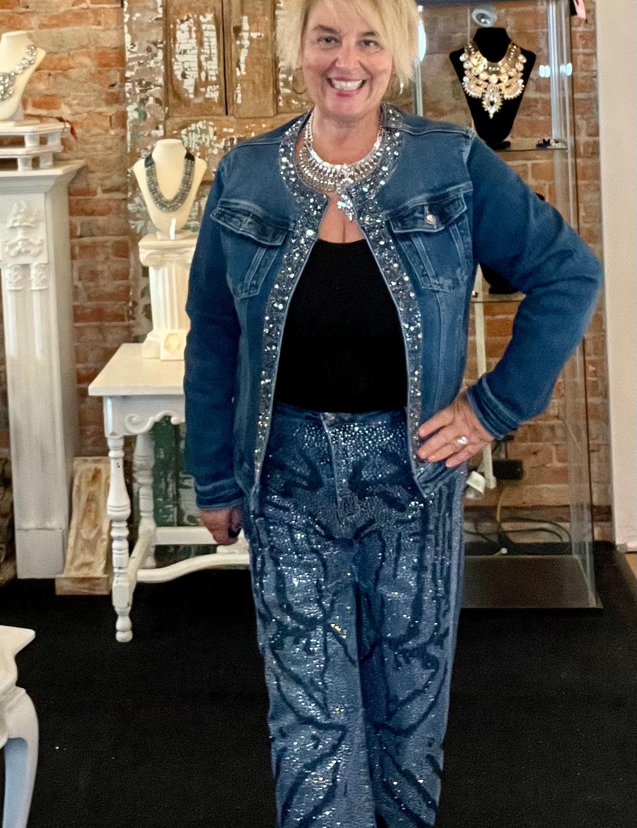 Stretchy Nina Rossi Denim covered in a swirling rhinestone pattern