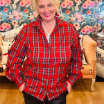 tartan plaid button down blouse with small bows on the sleeves