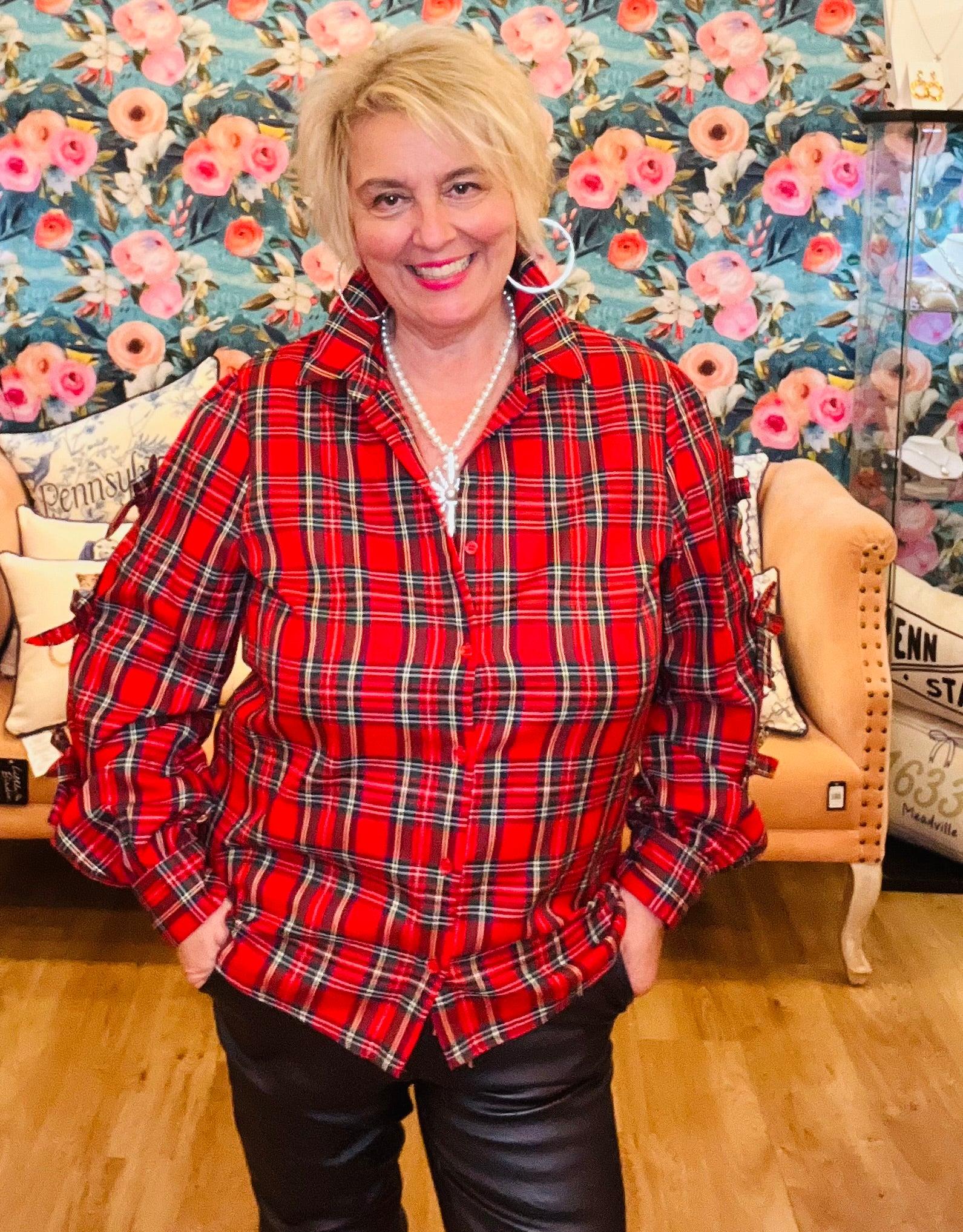 tartan plaid button down blouse with small bows on the sleeves