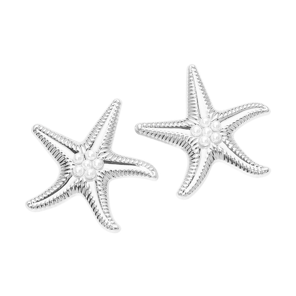 Bold Pearl Center Textured Silver Starfish Statement Earrings