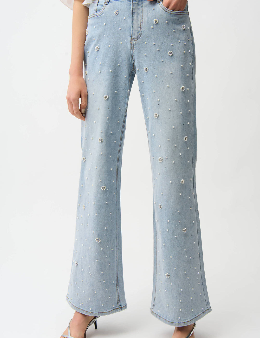 Joseph Ribkoff Wide Leg Jeans With Pearl and Rhinestones