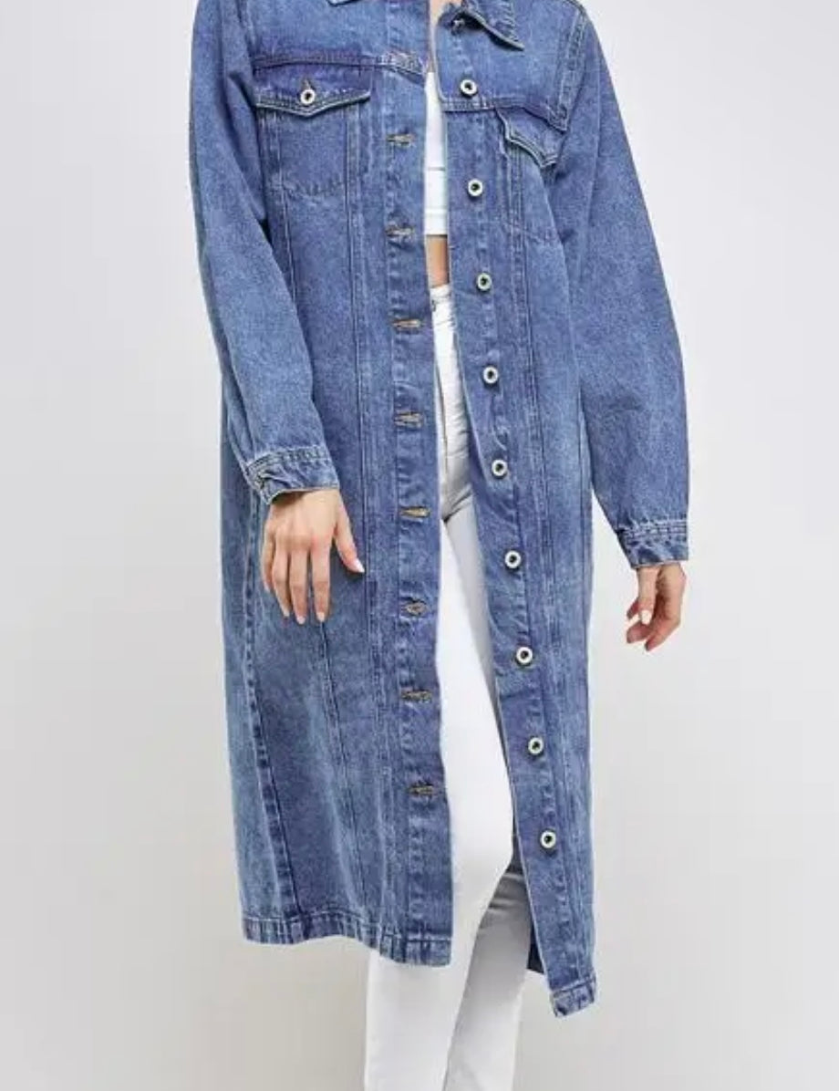 The Iconic 70s Style Long Trench Denim Jean Jacket