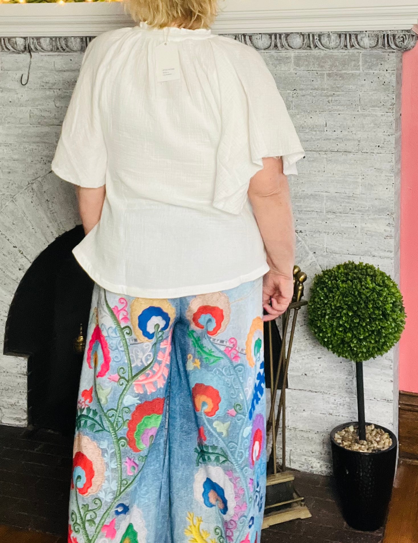 Boho Chic Faux Denim/Embroideree Dress Pant