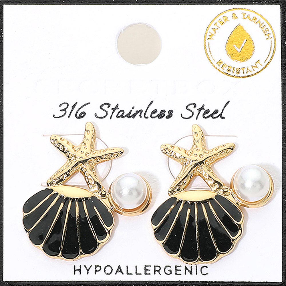 Stainless Steel Pearl Accent Starfish Seashell Stud Black/Gold Earrings