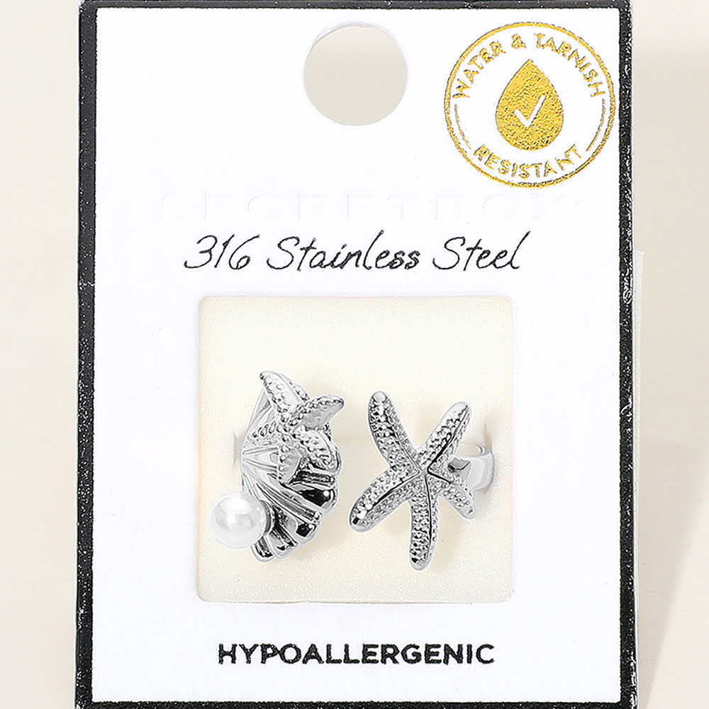 Stainless Steel Pearl Accent Starfish Shell Wrap Adjsutable Ring