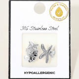 Stainless Steel Pearl Accent Starfish Shell Wrap Adjsutable Ring