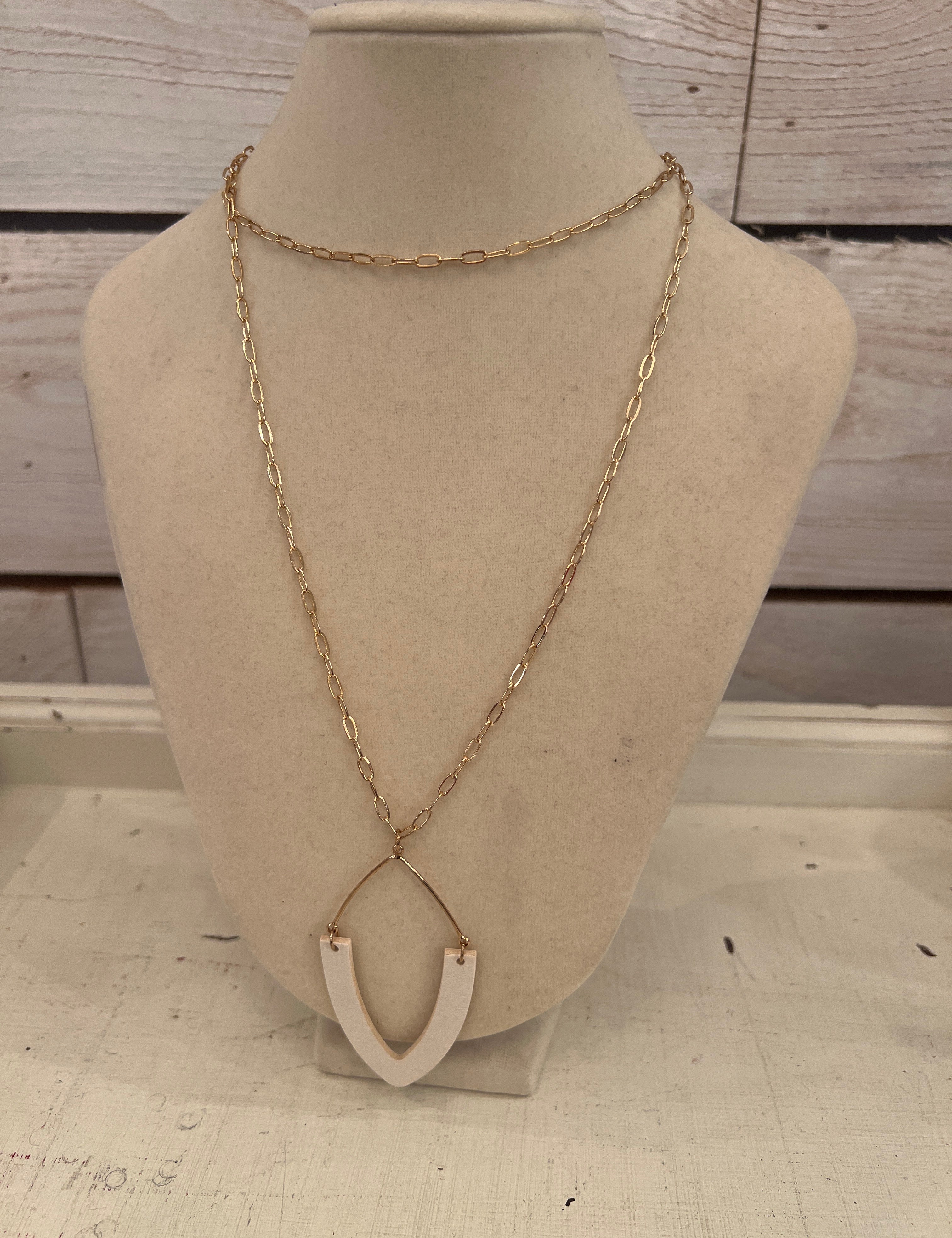 *Whats Hot - Matte Gold and White Wood Pointed Teardrop Necklace