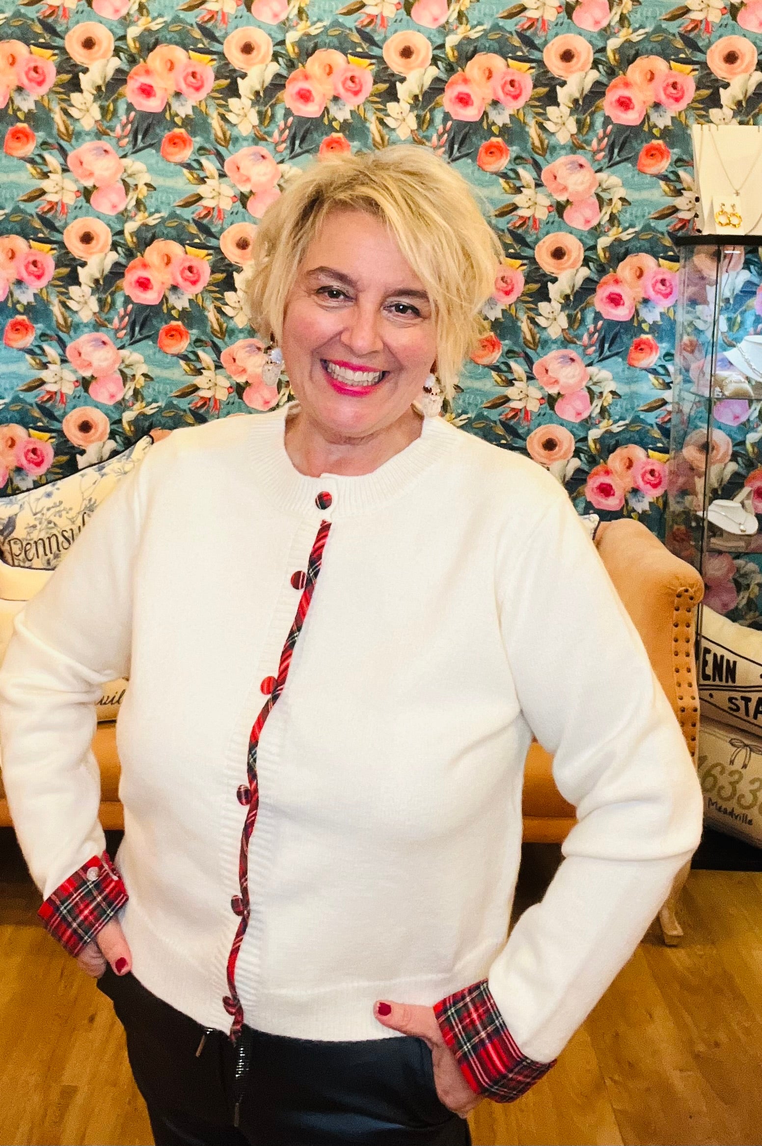 Plaid Trim Cuff & Button Sweater