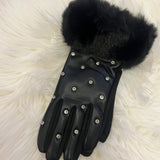 Rhinestone Studded Fur Cuff Gloves