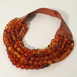 Tortoise Chunky Acrylic Ball Beaded Multi Layered Faux Leather Magnetic Necklace