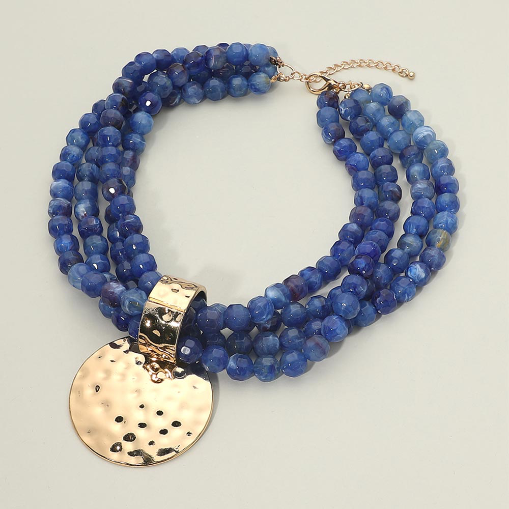 Bold Navy Hammered Metal Disc Accent  Chunky Beaded Multi Strand Statement Necklace