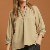 Puff Sleeves V Neck Collared Top
