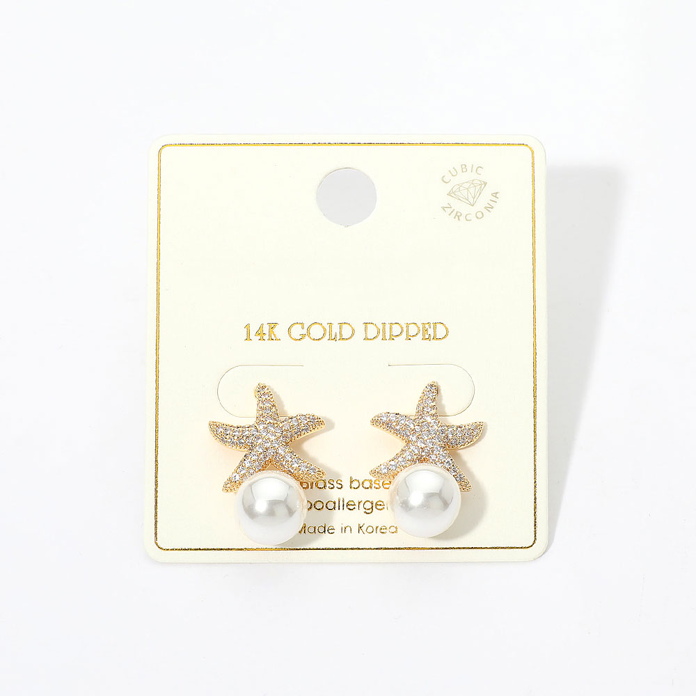 14K Gold Dipped CZ Pave Starfish Pearl Drop Stud Earrings