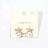 14K Gold Dipped CZ Pave Starfish Pearl Drop Stud Earrings