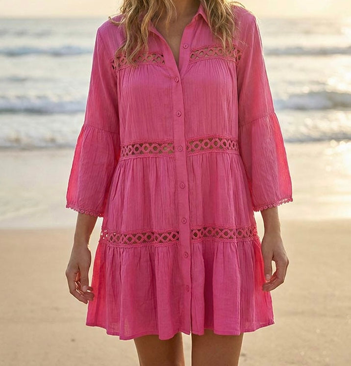 Button Front Lace Trim Beach Shirt Dress