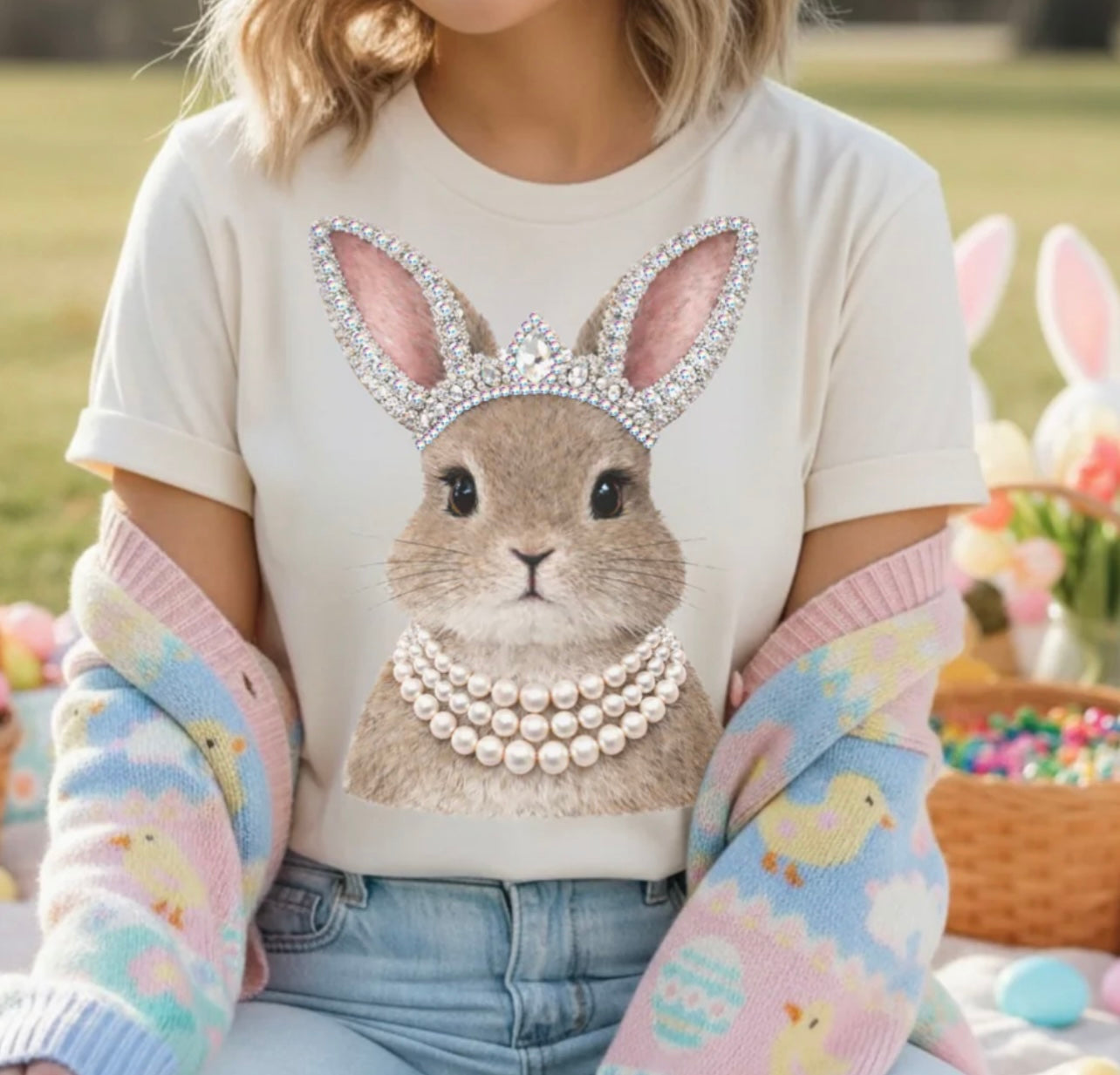 Rhinestone Bunny with Pearls Cream Graphic Tee