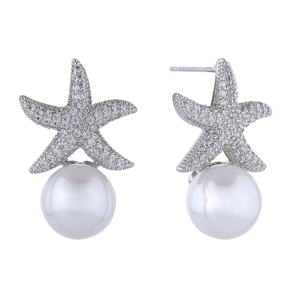 White Gold Dip CZ Pave Starfish Pearl Drop Stud Earrings