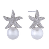 White Gold Dip CZ Pave Starfish Pearl Drop Stud Earrings