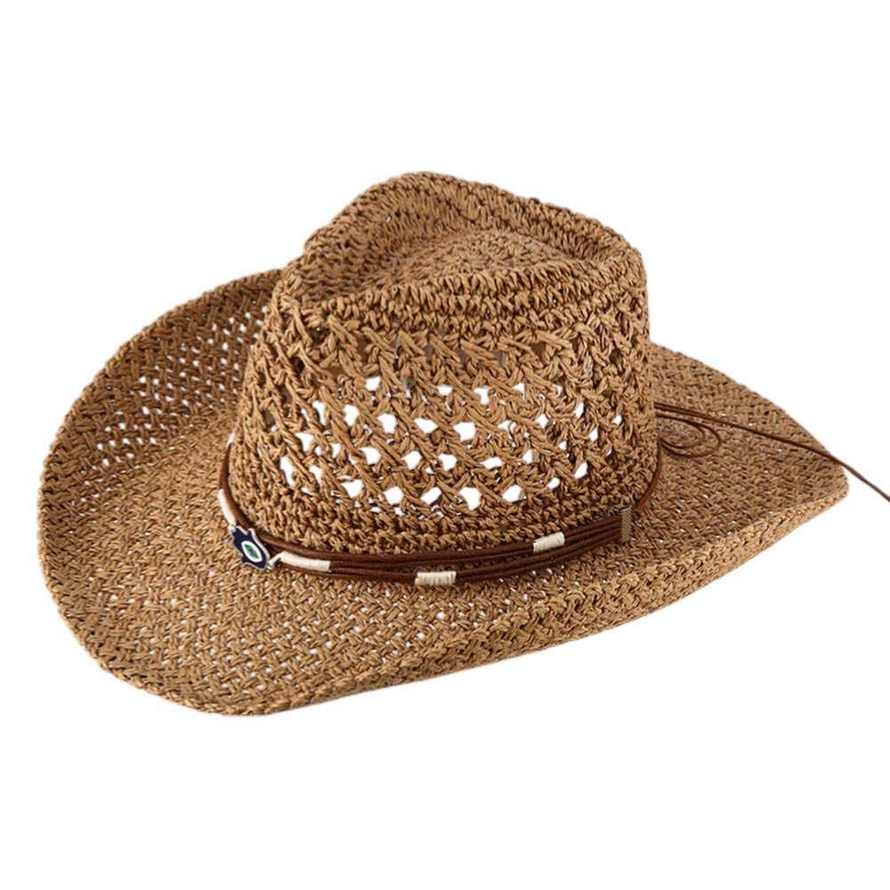 Boho Western Band Accent Breathable Woven Cowboy Fedora Sun Hat