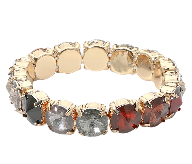Earthtones & Black Diamond Round Faceted Gem Beaded Stretch Bracelet