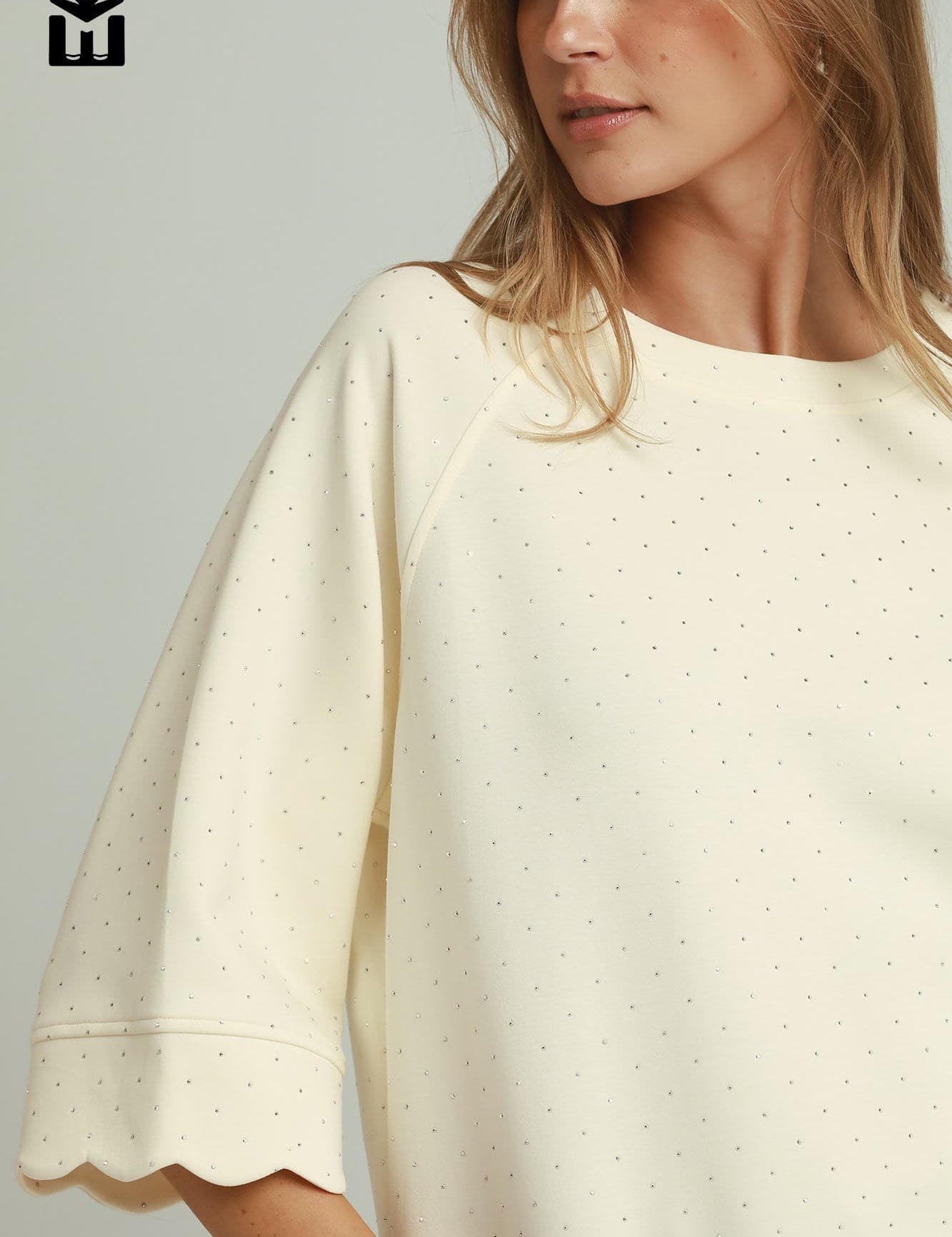 Winter White Bling Beaded Scallop Sleeve Top