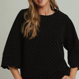 Black Bling Beaded Scallop Sleeve Top