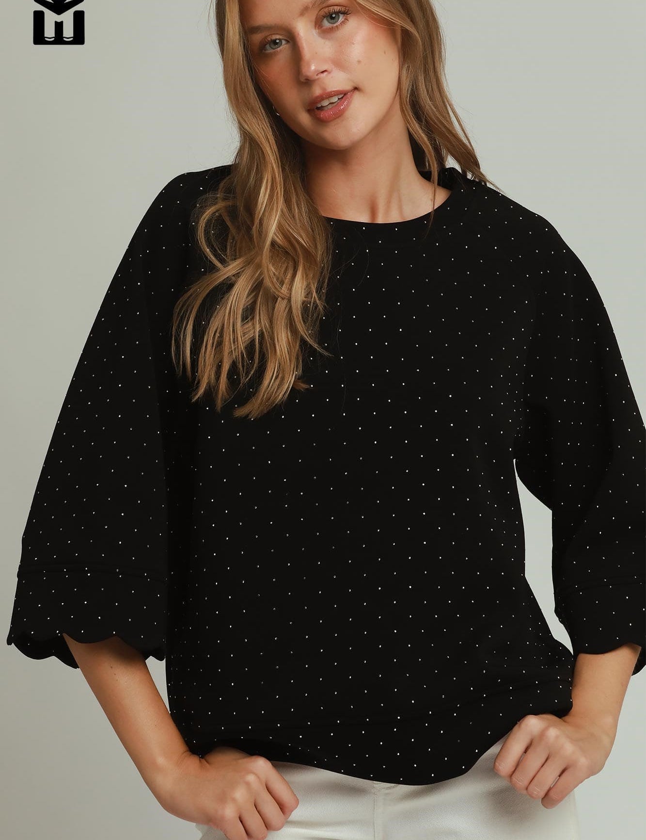 Black Bling Beaded Scallop Sleeve Top