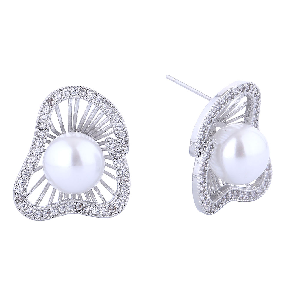 White Gold Dipped Radiant Pearl Burst CZ Stud Earrings