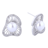 White Gold Dipped Radiant Pearl Burst CZ Stud Earrings