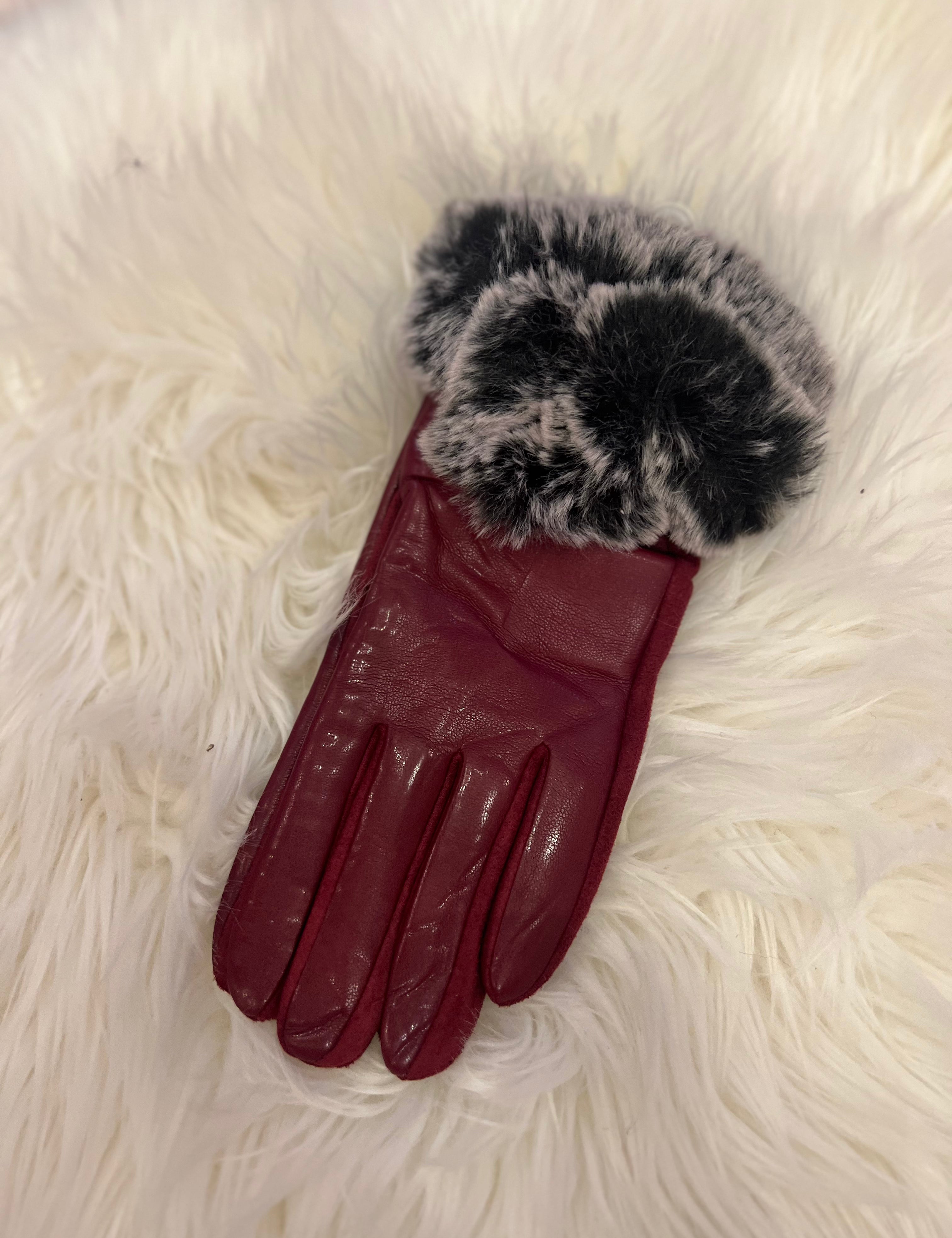 Puffy Fur Trim Faux Leather Glove