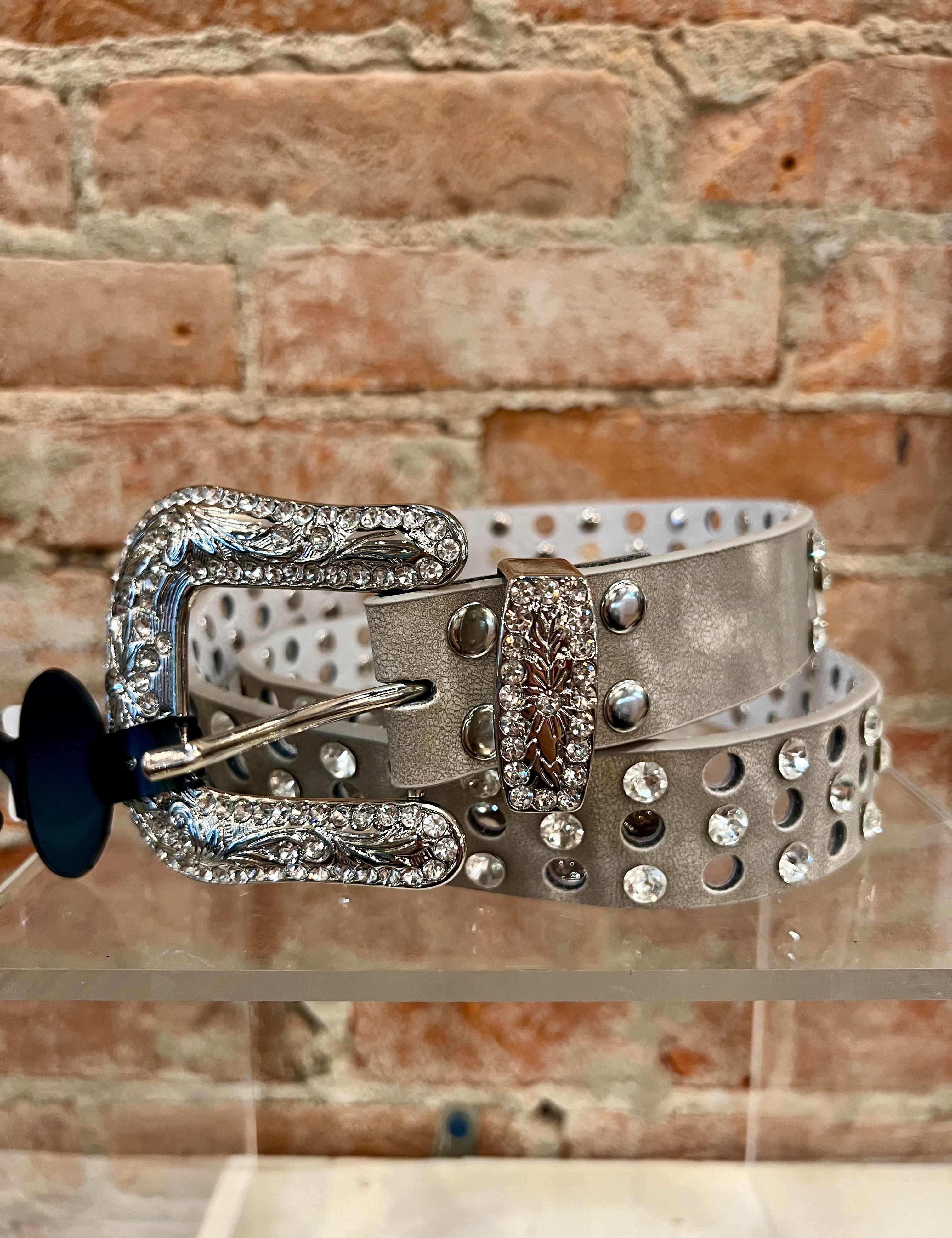 Austin Silver Rhinestone Leather Belt