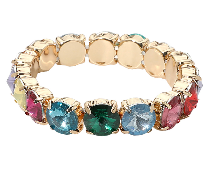 Rich Gemstone Colors Round Faceted Gem Beaded Stretch Bracelet