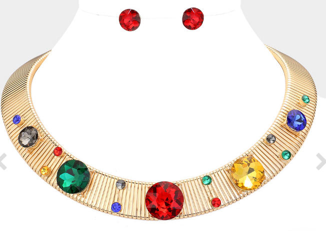 Round Colorful Rhinestone Gold Necklace & Earrings Set