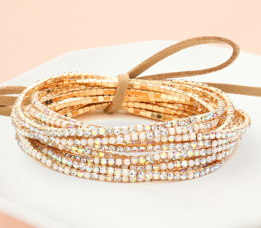 Gold & Opal Ribbon Colorful Rhinestone Layered Stretch Bracelets